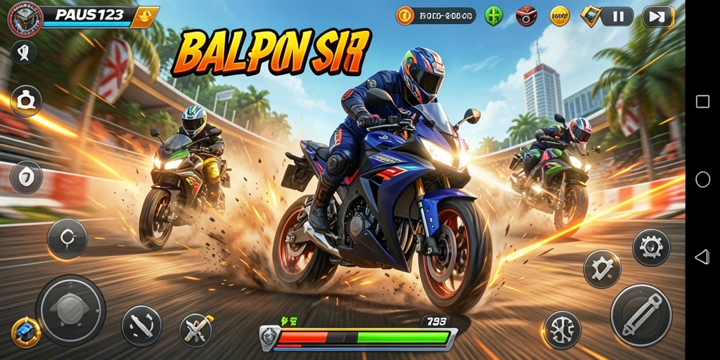 Screenshot tampilan gameplay seru PAUS123 saat balapan motor di trek menantang.
