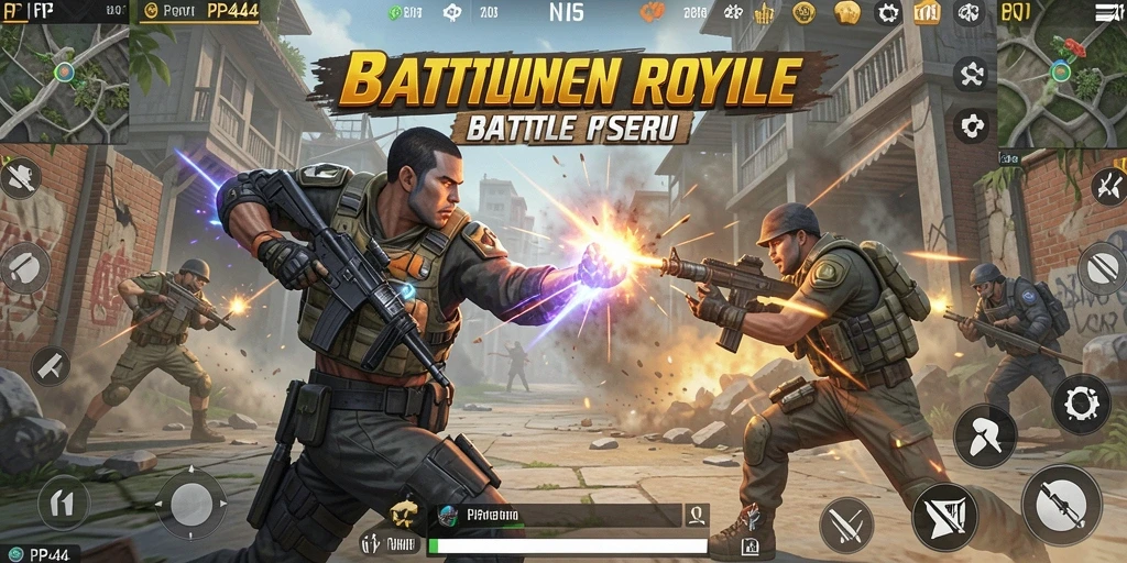 Screenshot permainan PP444 yang menunjukkan pertempuran Battle Royale yang intens.
