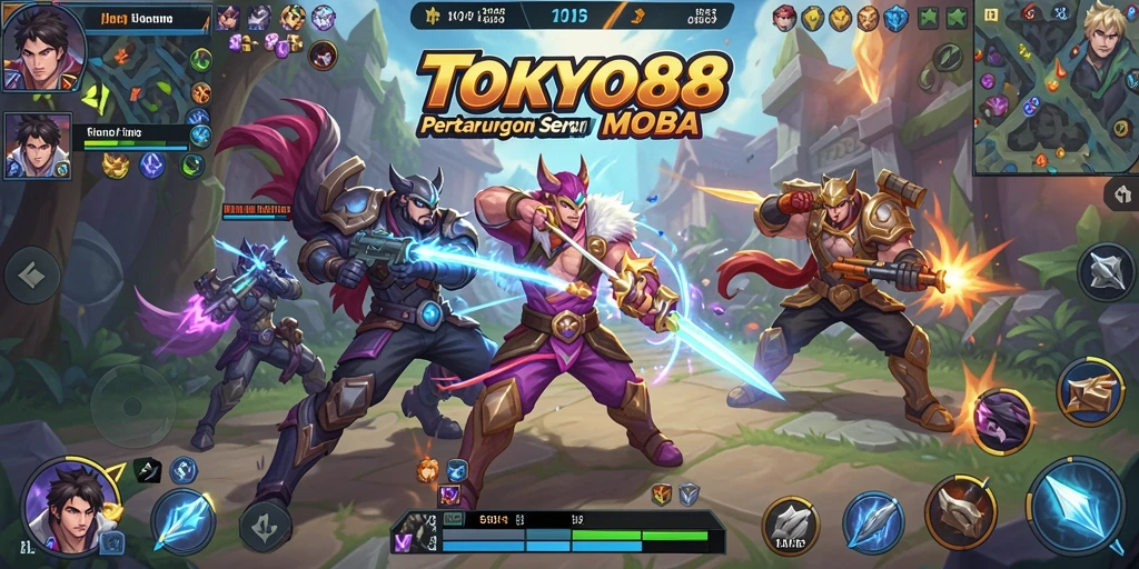 Screenshot gameplay TOKYO88 menampilkan aksi seru dalam pertempuran tim MOBA.