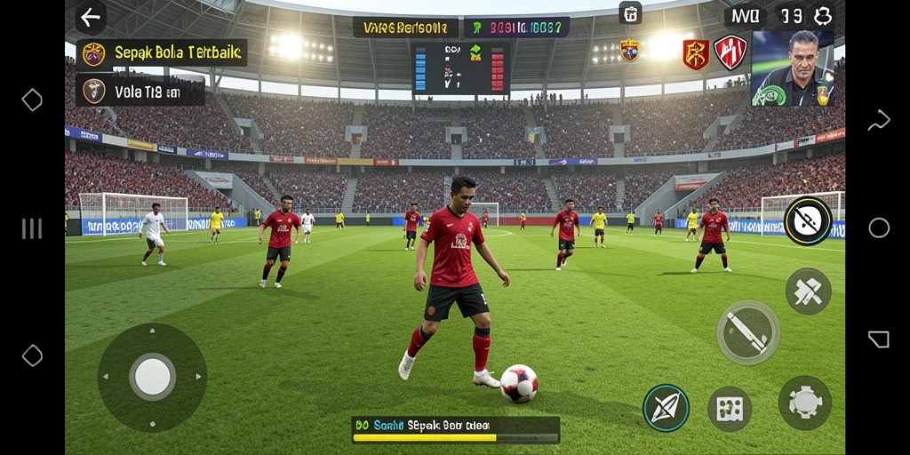 Tangkapan layar gameplay VV62 yang menunjukkan aksi seru di lapangan sepak bola.